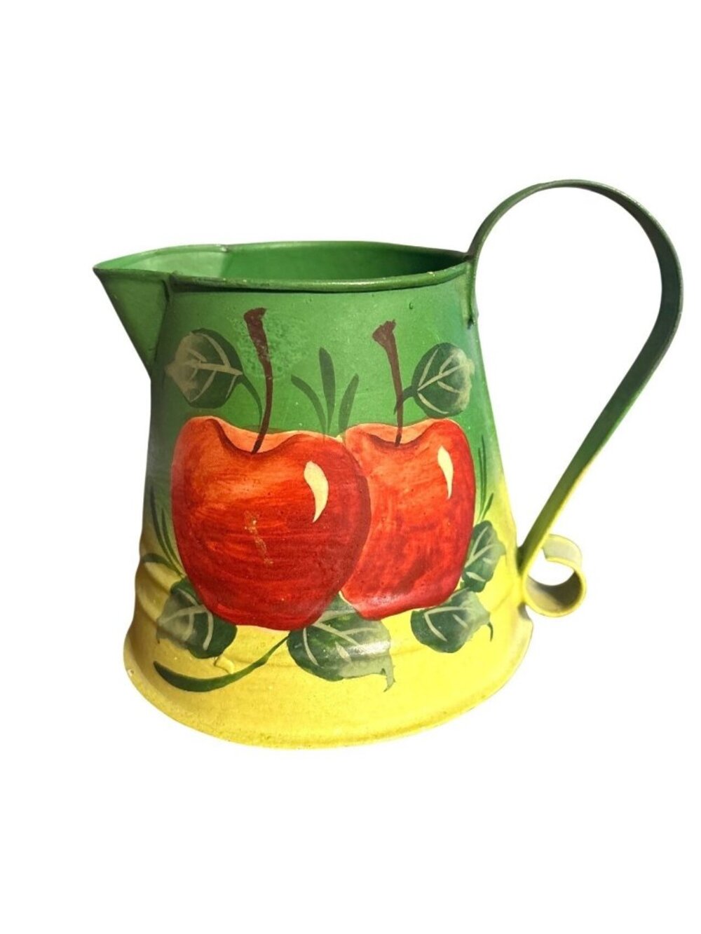 Vintage Hand-Painted Galvanized Metal Pitcher With Apple Motif Decorative Farm